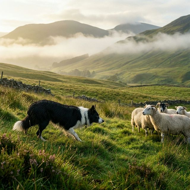 Border Collie bei der Hütearbeit - Schafherde hüten in schottischer Landschaft